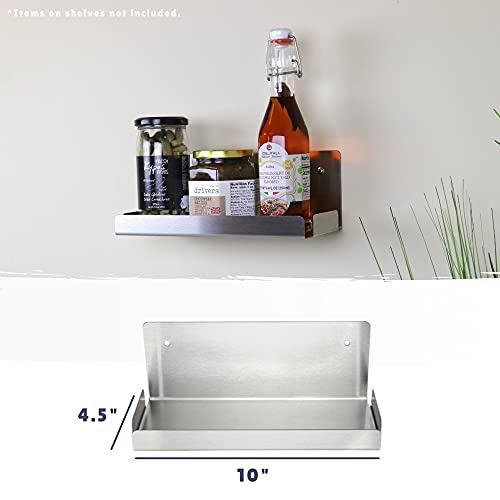 Deco Gables Designs 3 Modern Brushed Stainless Steel Spice Racks Floating Wall Shelf Hanging Durable Polished Solid Metal for Home Kitchen Dining Room with Mounting Hardware 10 Inches Wide Set of 3