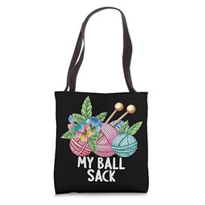 knitting and crochet yarn my ball sack flower grandma nana tote bag