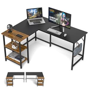 klvied l shaped desk for home office, double color l table with storage shelves, reversible corner computer desk, space-saving desk workstation, industrial simple wooden writing table, black