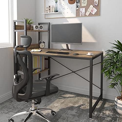 JSungo Computer Desk with 4 Tiers Shelves, 47 Inch Sturdy Table with Reversible Bookshelf for Home Office, Study Tower Desk for Small Space, Industrial Modern Style, Rustic Brown