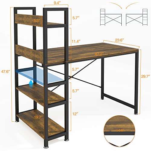 JSungo Computer Desk with 4 Tiers Shelves, 47 Inch Sturdy Table with Reversible Bookshelf for Home Office, Study Tower Desk for Small Space, Industrial Modern Style, Rustic Brown