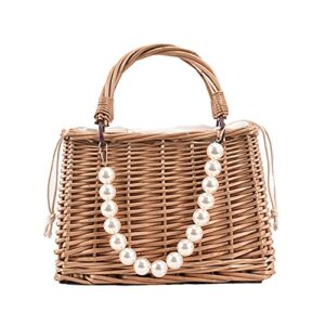 pearl handle rattan handbag, straw shoulder bag tote bags, mini basket handbag