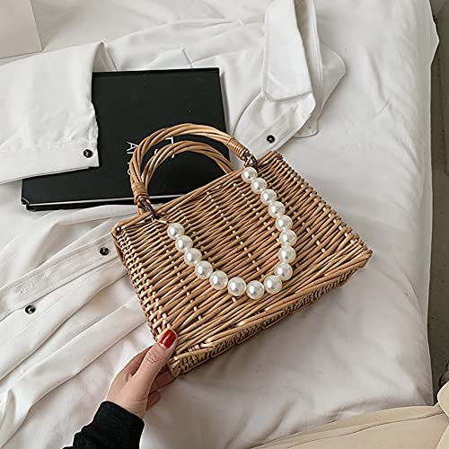 Pearl Handle Rattan Handbag, Straw Shoulder Bag Tote Bags, Mini Basket Handbag