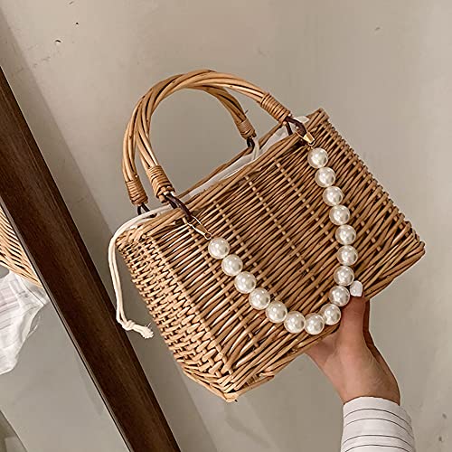 Pearl Handle Rattan Handbag, Straw Shoulder Bag Tote Bags, Mini Basket Handbag