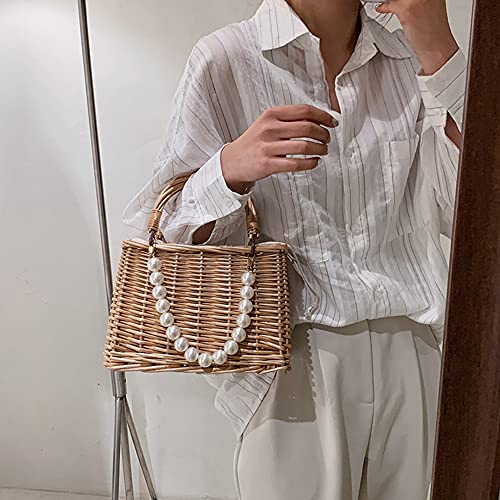 Pearl Handle Rattan Handbag, Straw Shoulder Bag Tote Bags, Mini Basket Handbag