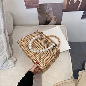 Pearl Handle Rattan Handbag, Straw Shoulder Bag Tote Bags, Mini Basket Handbag