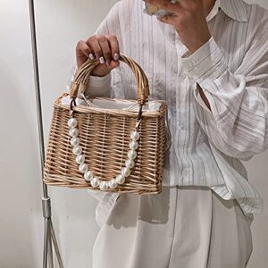 Pearl Handle Rattan Handbag, Straw Shoulder Bag Tote Bags, Mini Basket Handbag