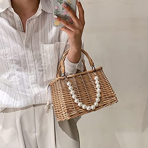 Pearl Handle Rattan Handbag, Straw Shoulder Bag Tote Bags, Mini Basket Handbag