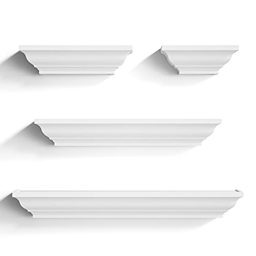 SRIWATANA White Floating Shelves, 24 Inch Solid Wood Storage Wall Shelves Set of 4 Display Ledge Shelves Decor for Bedroom, Living Room, Bathroom, Kitchen - White