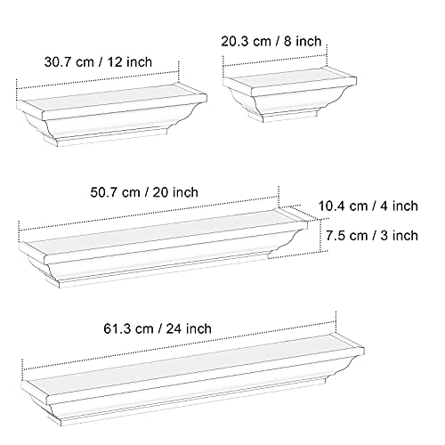 SRIWATANA White Floating Shelves, 24 Inch Solid Wood Storage Wall Shelves Set of 4 Display Ledge Shelves Decor for Bedroom, Living Room, Bathroom, Kitchen - White