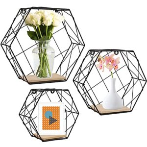 fasmov 3 pack hexagon shelves wall mounted floating shelves, farmhouse storage shelves for wall decor for living room, kitchen and bedroom