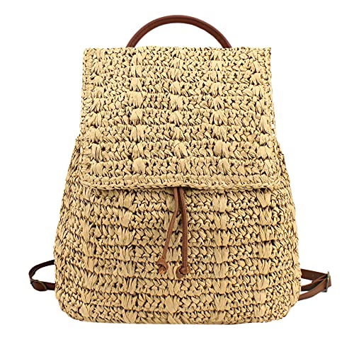 Meyaus Women Large Straw Woven Backpack Flap Drawstring Daypack Beach Shoulders Bag