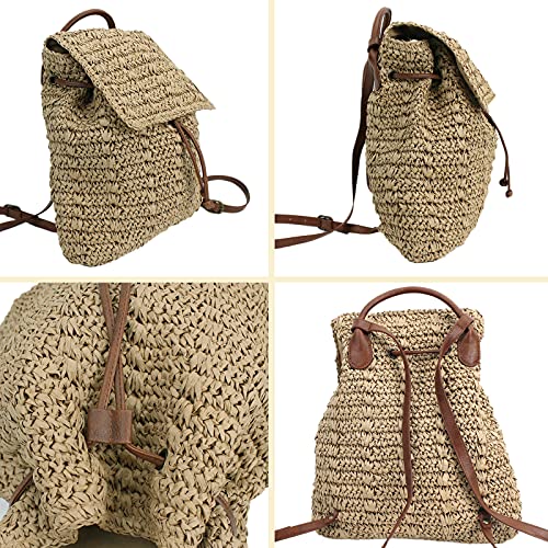 Meyaus Women Large Straw Woven Backpack Flap Drawstring Daypack Beach Shoulders Bag