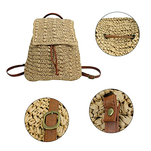 Meyaus Women Large Straw Woven Backpack Flap Drawstring Daypack Beach Shoulders Bag