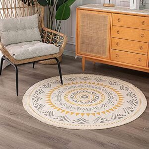 poowe round cotton rug woven tassel throw rug washable area rug for living room bedroom kitchen bathroom (yellow)
