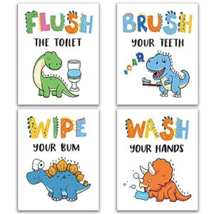 dinosaur bathroom decor, funny dinosaur themed bathroom inspirational quotes art print humorous quotes painting, toilet rules art picture for kids nursery washroom bathroom decor, set of 4 (8”x10”), unframed
