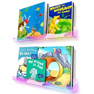 ymvv 15 inches rainbow iridescent acrylic floating bookshelves, clear holographic wall mounted shelf 2 packs, kids room wall bookshelves display book shelf