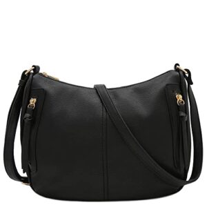 fashionpuzzle faux leather two front zipper pocket crossbody saddle bag (black) one size