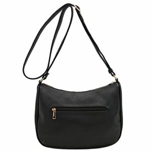 FashionPuzzle Faux Leather Two Front Zipper Pocket Crossbody Saddle Bag (Black) One Size