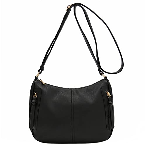 FashionPuzzle Faux Leather Two Front Zipper Pocket Crossbody Saddle Bag (Black) One Size