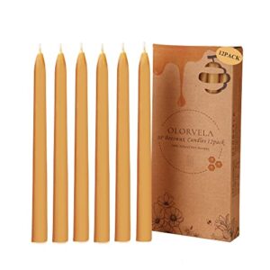 olorvela beeswax candles 12pack 10″ taper candles handmade candle sticks 100% pure beeswax smokeless and dripless beeswax tapered candles (yellow)