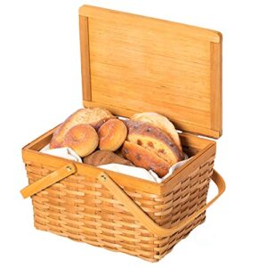 woodchip picnic storage basket with cover and movable handles, small