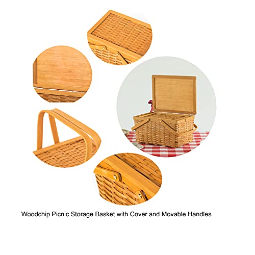 Woodchip Picnic Storage Basket with Cover and Movable Handles, Small