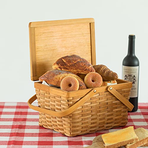 Woodchip Picnic Storage Basket with Cover and Movable Handles, Small