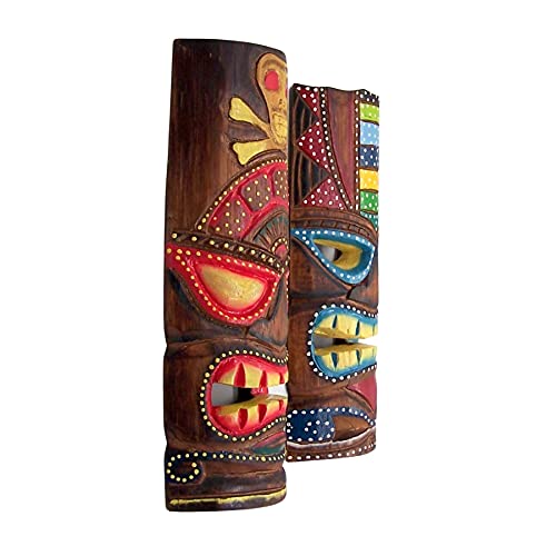Hand Crafted Polynesian Hawaiian Style Painted Tiki Masks, Wall Décor, Set of 2 Assorted Colors,12 Inches