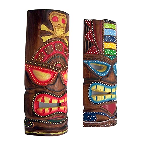 Hand Crafted Polynesian Hawaiian Style Painted Tiki Masks, Wall Décor, Set of 2 Assorted Colors,12 Inches