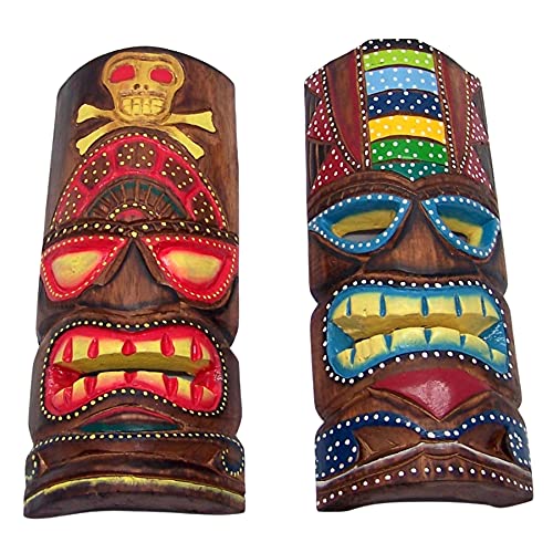 Hand Crafted Polynesian Hawaiian Style Painted Tiki Masks, Wall Décor, Set of 2 Assorted Colors,12 Inches