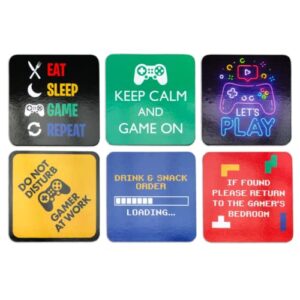 gaming drinks coasters – pack of 6 novelty gift for the ultimate gamer – man cave arcade gaming accessories for the perfect computer setup