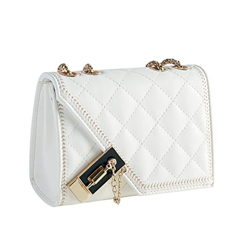 Aiqudou Quilted Crossbody Bag Purses for Women - PU Leather Clutch Designer Handbags Cute Shoulder Bag Medium Size(White)