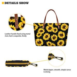 Yiekeluo 2 Pcs Set Sunflower Butterfly Design Womens Tote Bag Top Handle Shoulder Purse with Long Leather Wallet Zipper Closure Gifts for Women Ladies