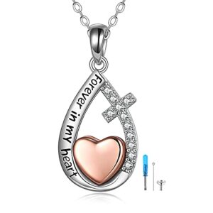 HUKKUN Urn Necklace for Women Sterling Silver Rose Gold Heart Cremation Jewelry for Ashes Teardrop Memorial Gift for Mother