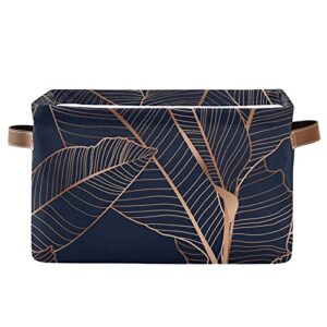 large foldable storage bin gold palm leaves navy blue fabric storage baskets collapsible decorative baskets organizing basket bin with pu handles for shelves home closet bedroom living room-1pack