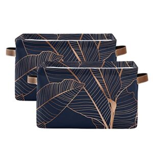 Large Foldable Storage Bin Gold Palm Leaves Navy Blue Fabric Storage Baskets Collapsible Decorative Baskets Organizing Basket Bin with PU Handles for Shelves Home Closet Bedroom Living Room-1Pack