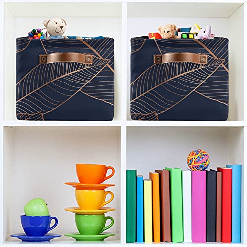 Large Foldable Storage Bin Gold Palm Leaves Navy Blue Fabric Storage Baskets Collapsible Decorative Baskets Organizing Basket Bin with PU Handles for Shelves Home Closet Bedroom Living Room-1Pack