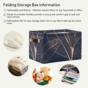 Large Foldable Storage Bin Gold Palm Leaves Navy Blue Fabric Storage Baskets Collapsible Decorative Baskets Organizing Basket Bin with PU Handles for Shelves Home Closet Bedroom Living Room-1Pack