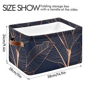 Large Foldable Storage Bin Gold Palm Leaves Navy Blue Fabric Storage Baskets Collapsible Decorative Baskets Organizing Basket Bin with PU Handles for Shelves Home Closet Bedroom Living Room-1Pack