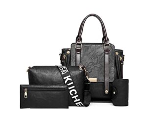 yaqunicer women soft synthetic pu leather 4pcs satchel crossbody large capacity top-handle handbags shoulder clutches purse-black