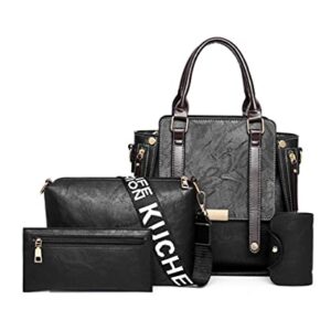 YAQUNICER Women Soft Synthetic PU Leather 4pcs Satchel Crossbody Large Capacity Top-Handle Handbags Shoulder Clutches Purse-Black
