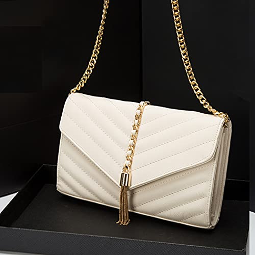 YXBQueen Quilted Handbags for Women Chain Crossbody Bags Chevron Quilted Crossbody Bag Faux Leather Clutch Purses for Women (White)