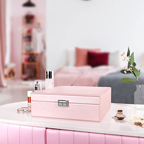 Allinside Jewelry Box Organizer for Ladies Girls, Double Layers PU Leather Jewelry Storage Case with Lock, Velvet Lining, Pearl Pink