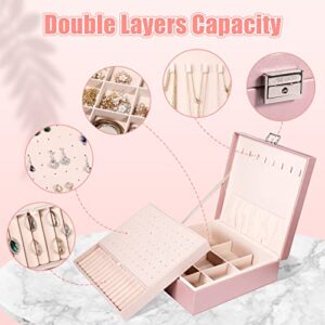 Allinside Jewelry Box Organizer for Ladies Girls, Double Layers PU Leather Jewelry Storage Case with Lock, Velvet Lining, Pearl Pink