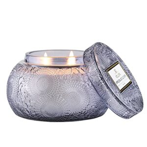 voluspa apple blue clover coconut wax blend candle in a chawan glass bowl with lid, 14 ounces…