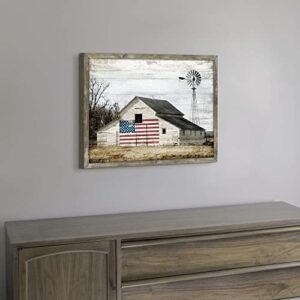 Wooden Picture Art Wall Decor: Rustic Old Barn Artwork American Flag Painting Grey Windmill Prints Landscape for Farmhouse Home Living Room Decoration