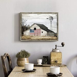 Wooden Picture Art Wall Decor: Rustic Old Barn Artwork American Flag Painting Grey Windmill Prints Landscape for Farmhouse Home Living Room Decoration