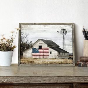 Wooden Picture Art Wall Decor: Rustic Old Barn Artwork American Flag Painting Grey Windmill Prints Landscape for Farmhouse Home Living Room Decoration