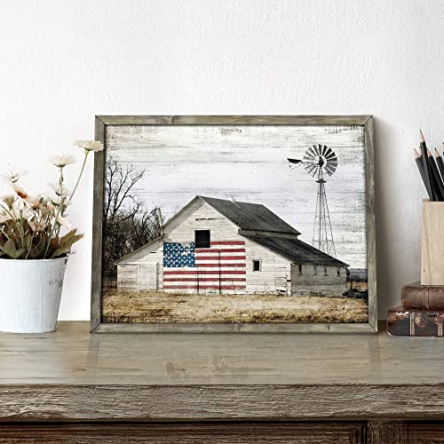 Wooden Picture Art Wall Decor: Rustic Old Barn Artwork American Flag Painting Grey Windmill Prints Landscape for Farmhouse Home Living Room Decoration